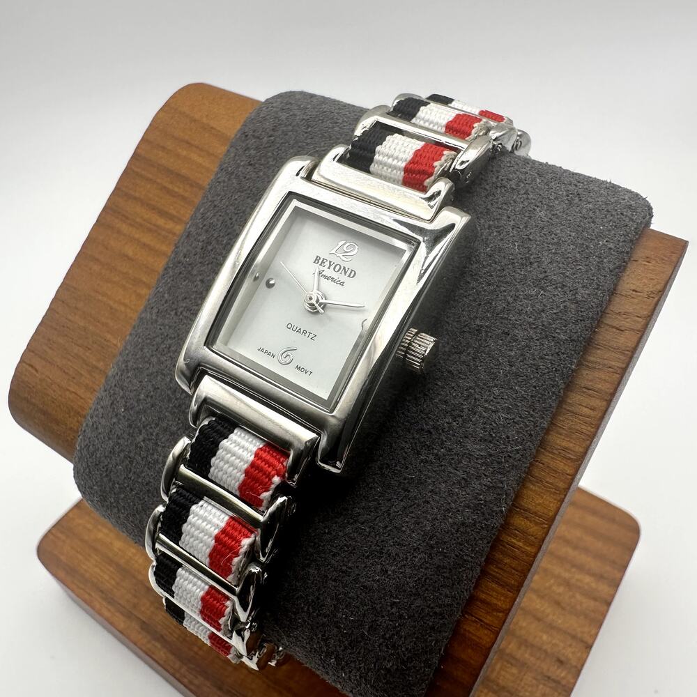 Beyond America Quartz Watch Silver Tone Rectangular Case Flag Link Band